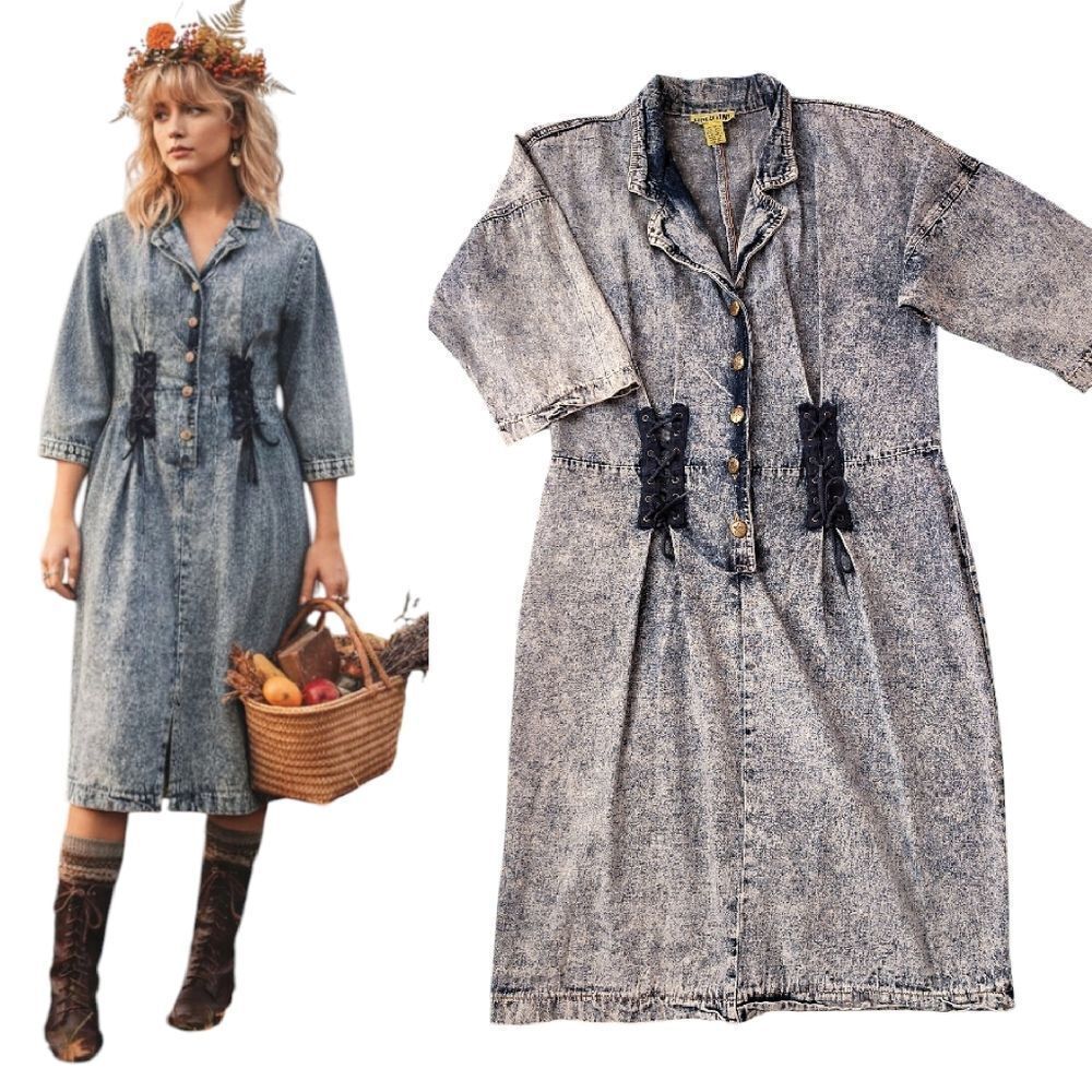 VTG 80s Acid Wash Denim Corset Waist Midi Dress SZ 13/14 *Fits like‎ Large